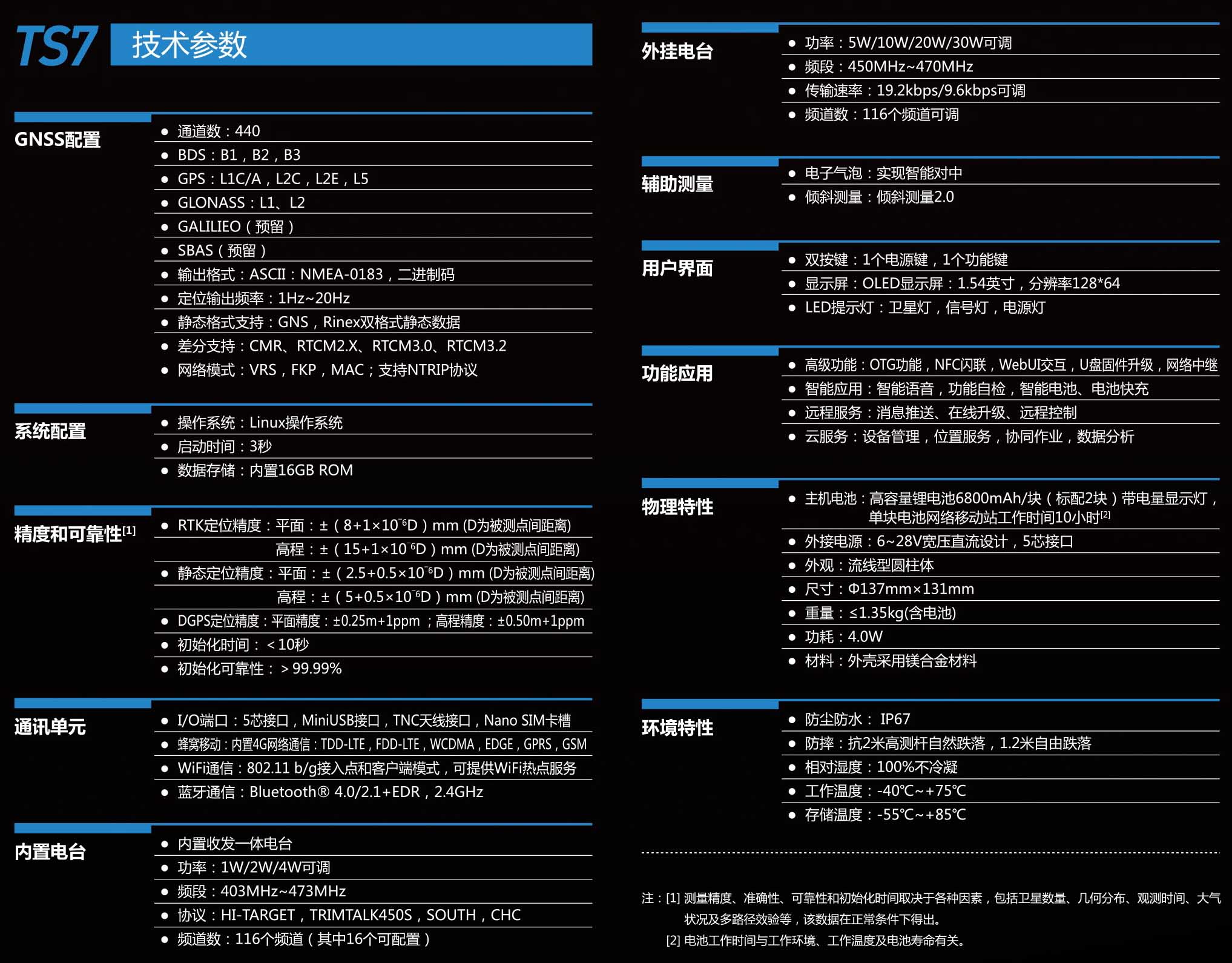 北斗海達TS7小型RTK測量系統(tǒng)技術參數(shù)